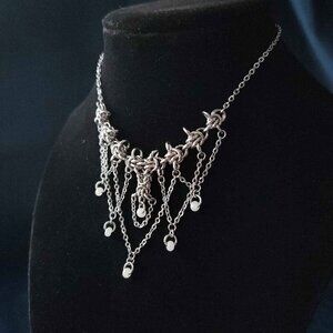 Gothic victorian silver and white pearl chandelier chainmail necklace
